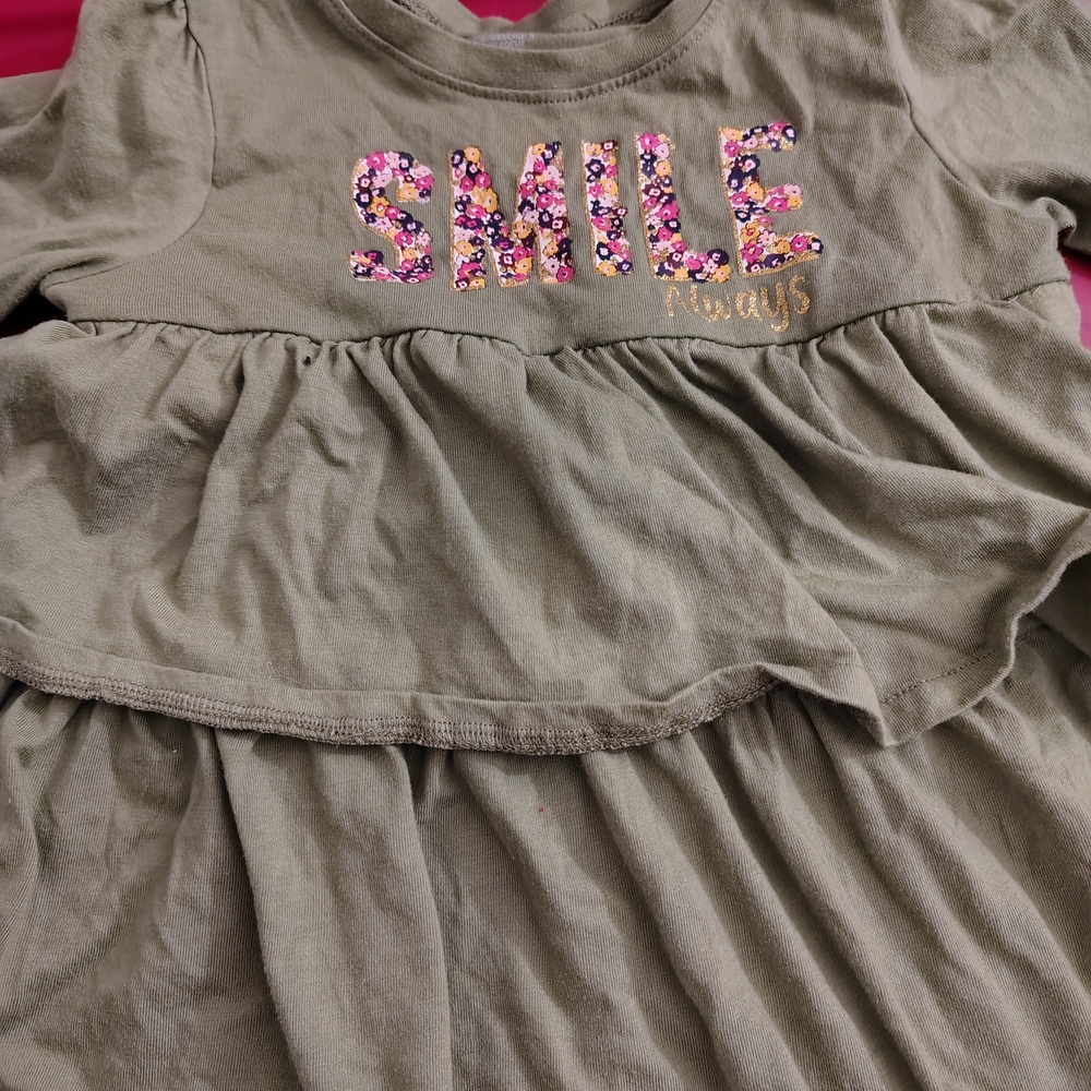 Girls Olive Green Ruffle Dress with Floral 'Smile' Design
